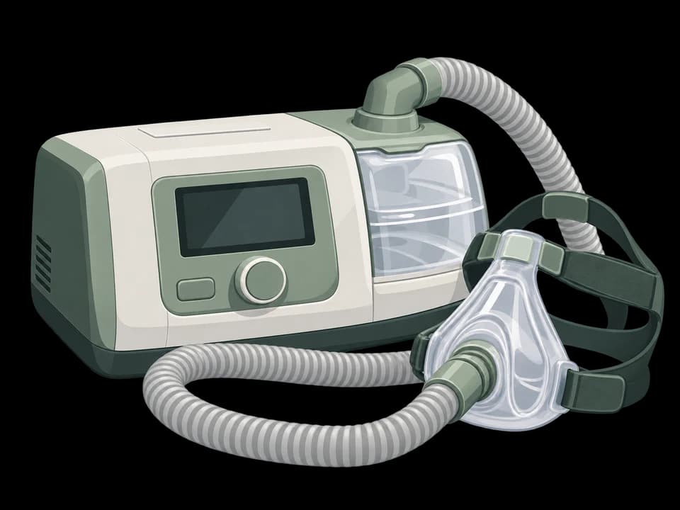 Illustration of a BiPAP machine with a breathing mask and hose