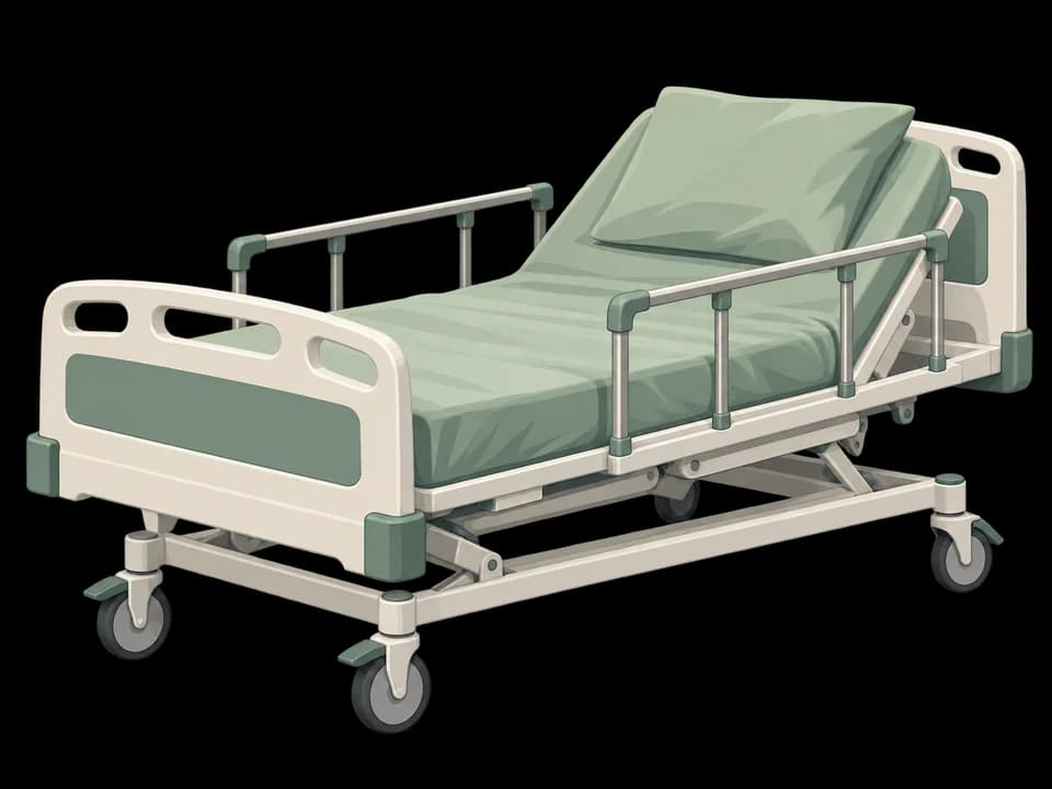 Illustration of a hospital bed with a mattress and side rails