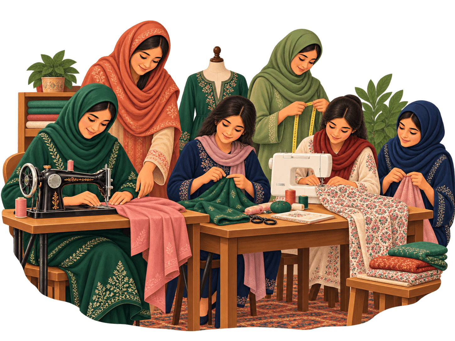 Girls and young women learning stitching together at the tailoring centre
